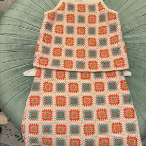 wild fable Crochet Floral Square Tank & Skirt Set in Cream, Pink, Orange, Teal